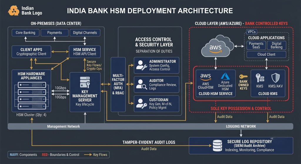 Architecture diagram showing RBI-compliant HSM key management with separation of duties, audit logs, and cloud key control