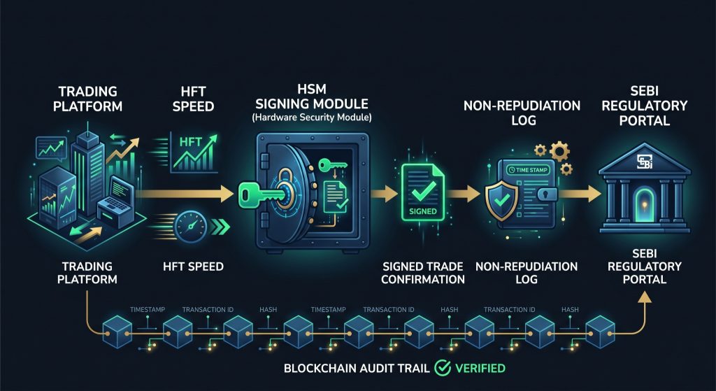 HSM-protected digital signature workflow for SEBI-compliant trade confirmations and regulatory filings in capital markets