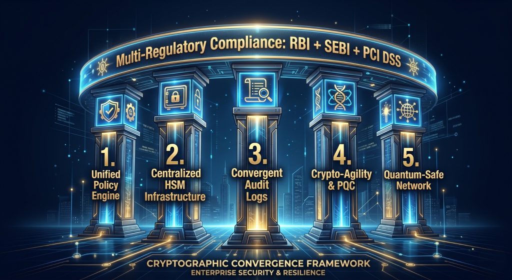 Five-pillar convergence architecture for enterprise HSM key management satisfying RBI, SEBI, and PCI DSS with quantum-safe cryptography