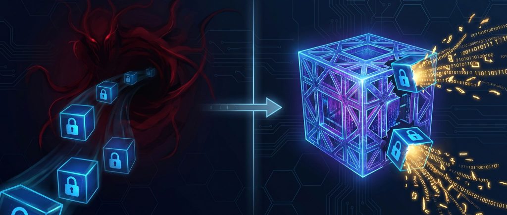 Harvest-now-decrypt-later attack timeline showing encrypted data collected today and decrypted by future quantum computers