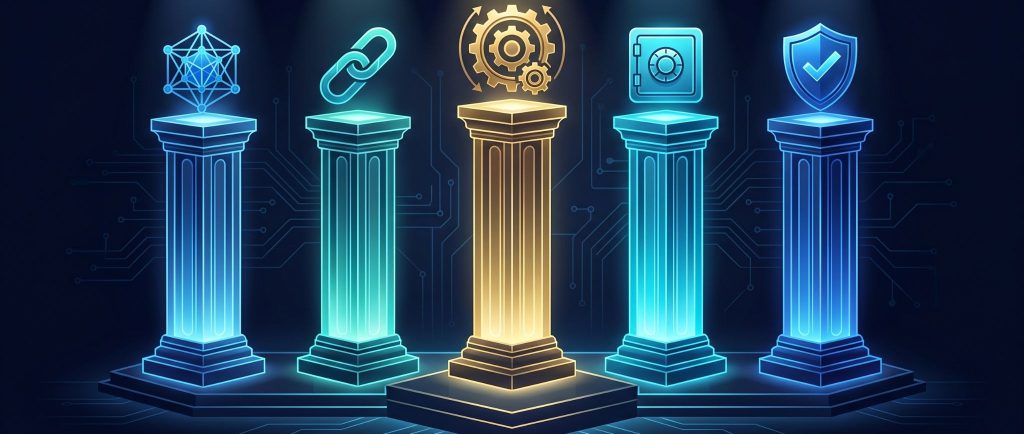 Five pillars of a quantum-ready enterprise key management architecture including PQC algorithms, hybrid encryption, cryptographic agility, key lifecycle management, and PQC governance