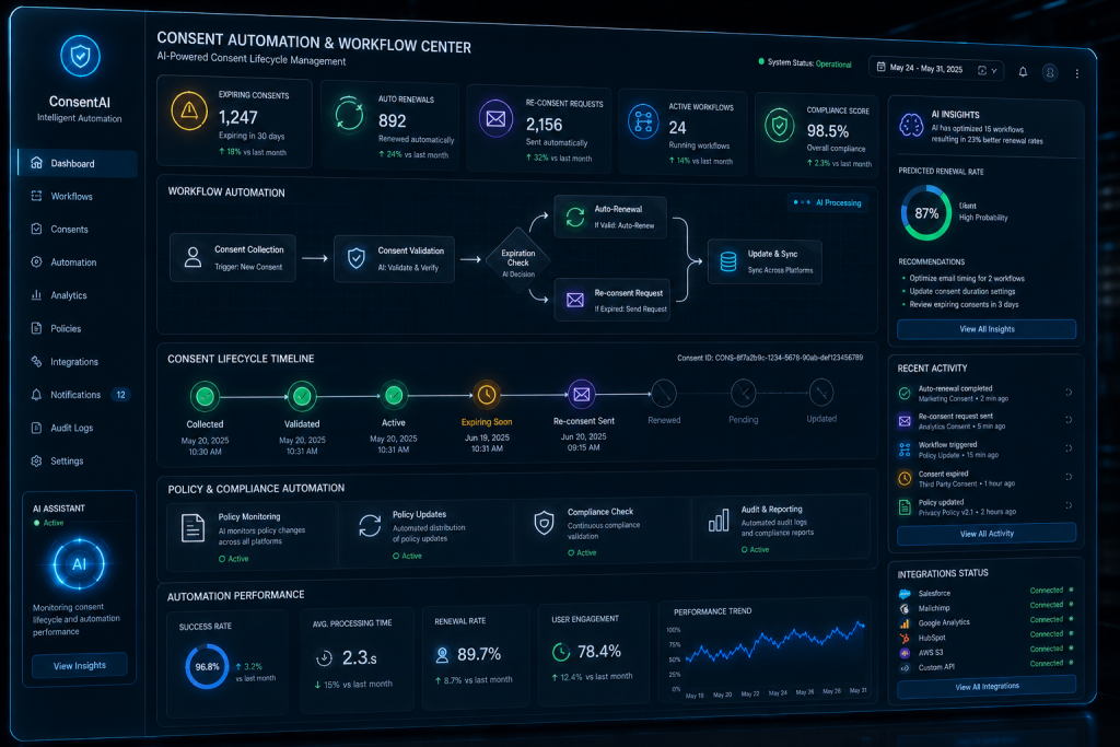 Automated workflow for consent renewal, expiry tracking, and re-consent management.