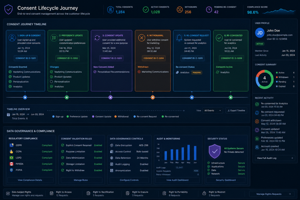Consent lifecycle stages across a user's journey on SecureCMS