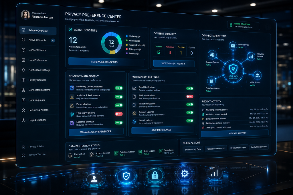 User managing privacy preferences and withdrawing consent through a self-service consent dashboard.