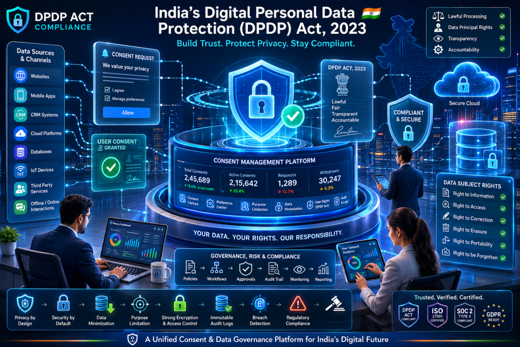 Illustration showing DPDP Act consent compliance requirements for organizations operating in India.