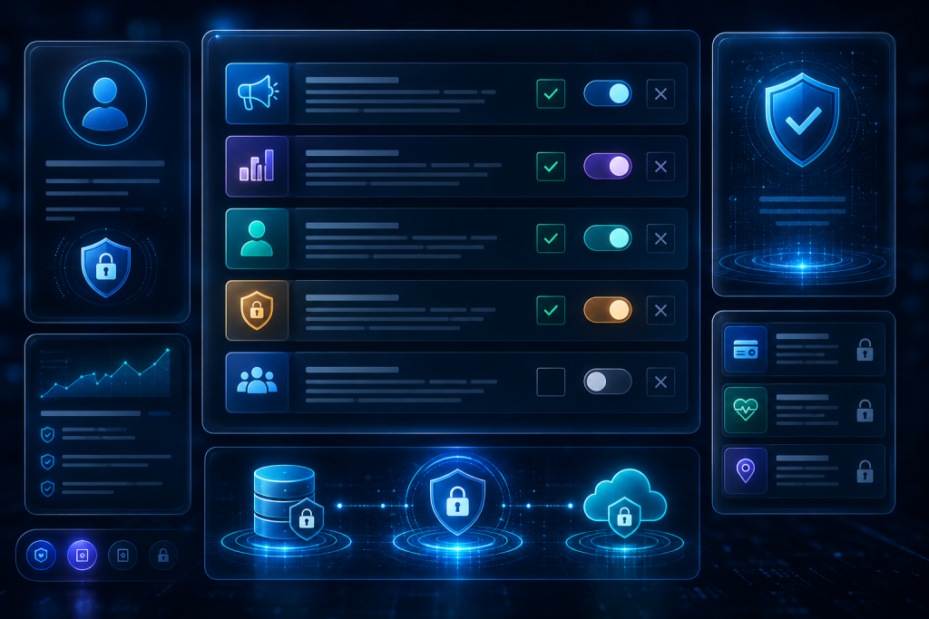 User selecting purpose-based consent options for marketing, analytics, and data processing under DPDP guidelines.