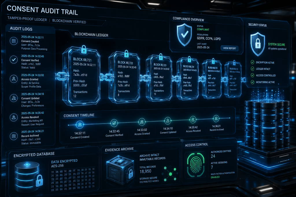 Secure audit trail displaying timestamped consent records and compliance evidence for regulatory reviews.