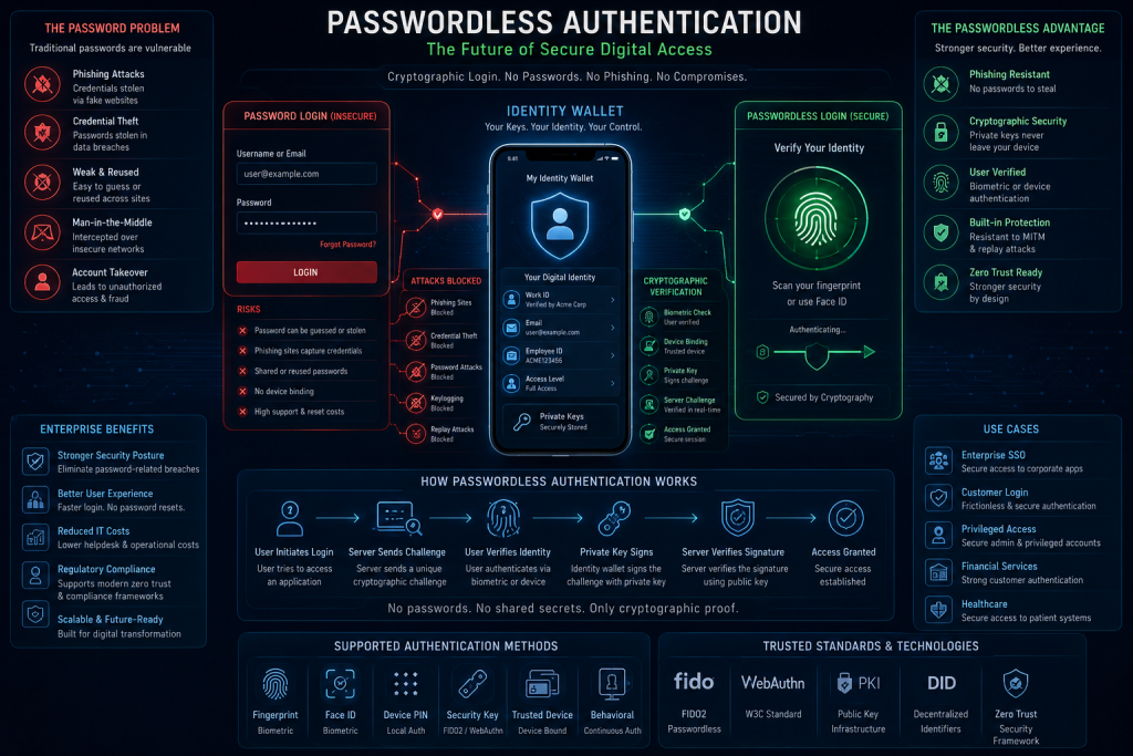 Passwordless authentication using cryptographic key pairs instead of shared secrets