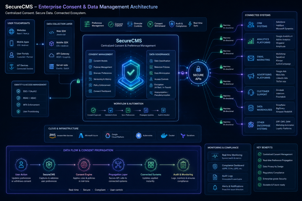 SecureCMS API integration diagram across web platform architecture