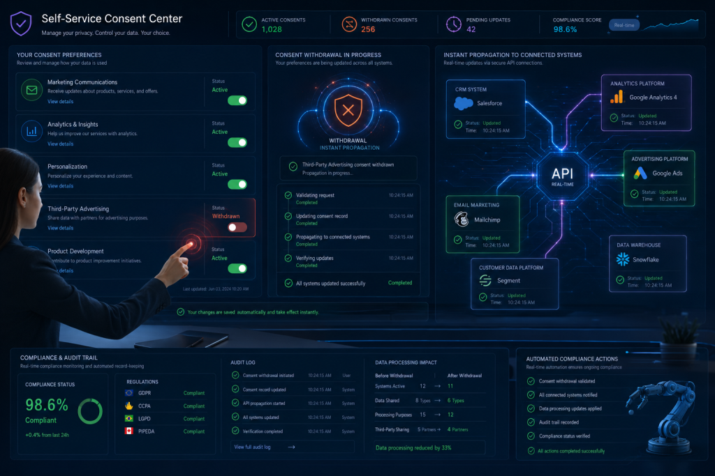 Self-service privacy preference center for real-time consent withdrawal