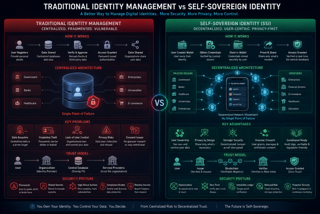 Comparison chart of self-sovereign identity versus traditional identity management