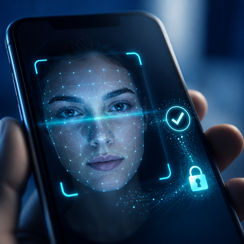 Smartphone showing on-device Aadhaar Offline Face Verification matching a live face against a stored credential