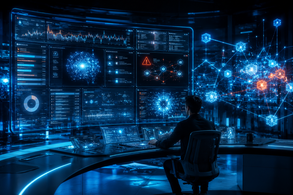 AI-powered smart contract monitoring detecting suspicious blockchain transactions in real time.