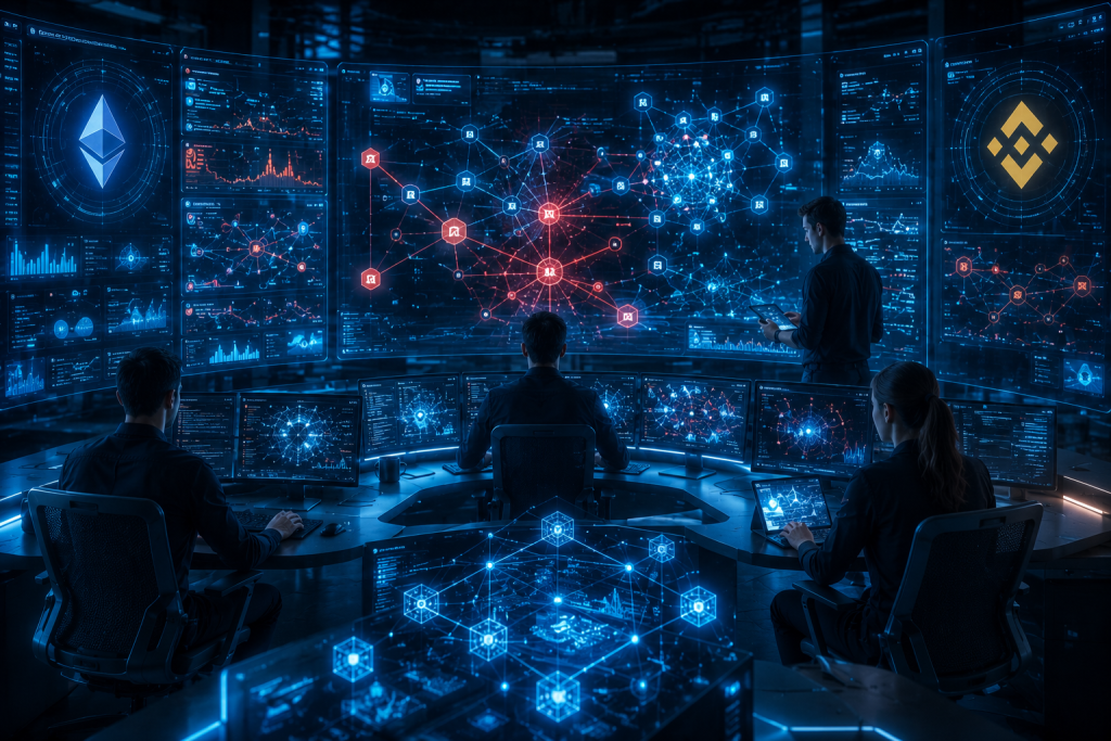 Cybersecurity team responding to a blockchain security incident with real-time threat analysis.
