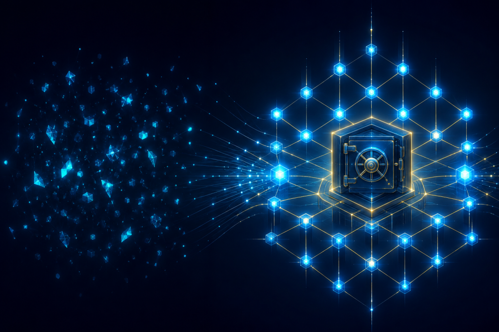 Fragmented encryption keys reorganizing into a centralized enterprise HSM governance structure