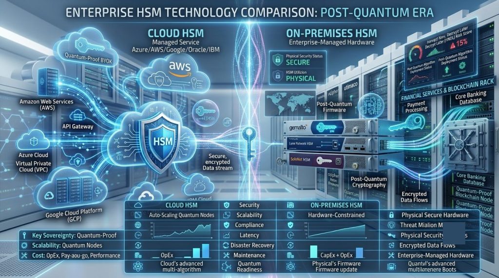 Side-by-side comparison of Cloud HSM and On-Premises HSM highlighting security, scalability, compliance, latency, cost, and disaster recovery.