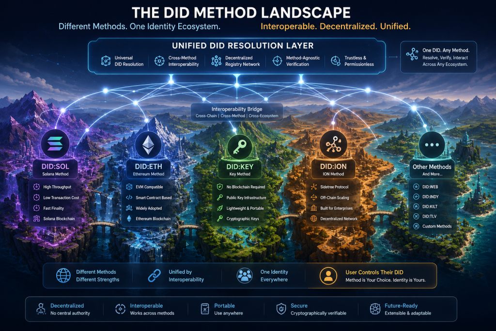 Landscape-style visualization showing different DID methods (DID:SOL with Solana imagery, DID:ETH with Ethereum symbols, DID:KEY with cryptographic icons, and others) as distinct terrain regions below, with a unified DID resolution layer above them connected by bridges, demonstrating cross-method compatibility.