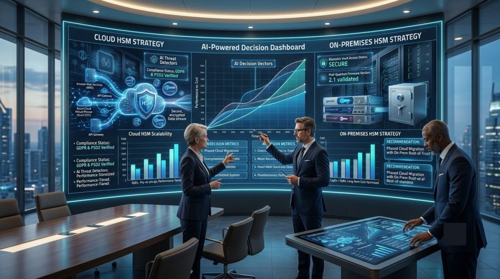 Enterprise security team evaluating Cloud HSM and On-Premises HSM deployment based on compliance, scalability, cost, and security requirements.