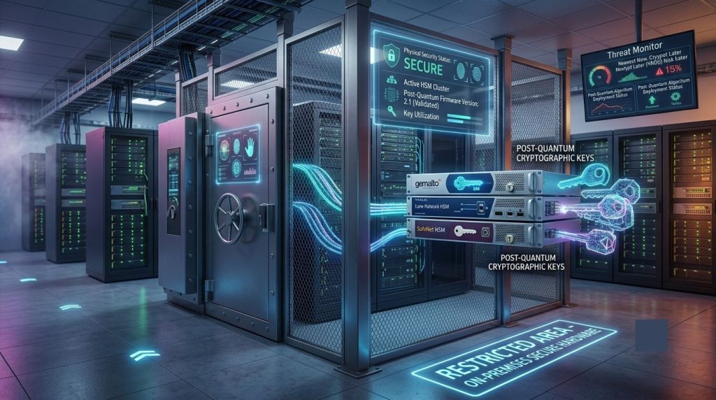 On-premises Hardware Security Module installed in a secure enterprise data center with encrypted key storage and physical security controls.