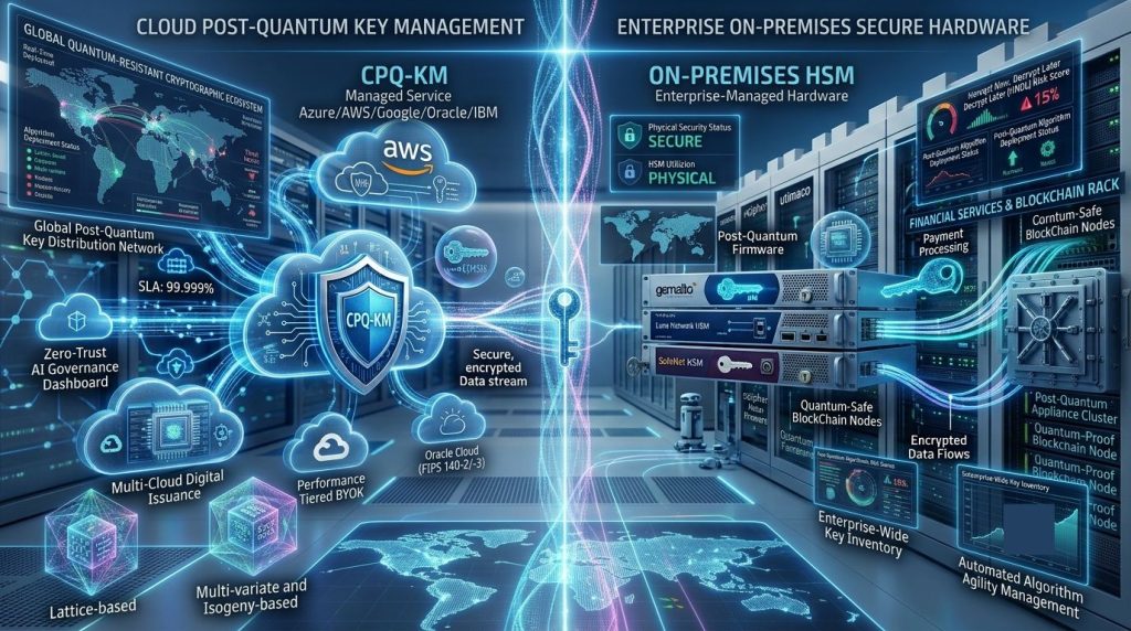 Enterprise post-quantum cryptography architecture demonstrating hybrid encryption, crypto-agility, and quantum-resistant security infrastructure.
