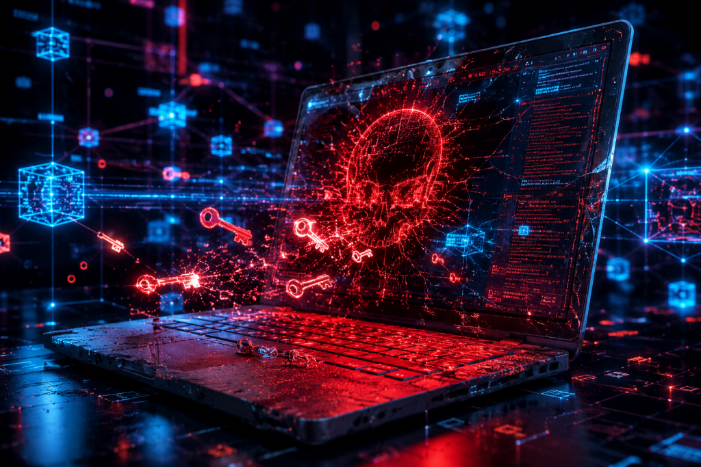 Developer laptop infected with malware leading to a private key compromise in a blockchain environment.