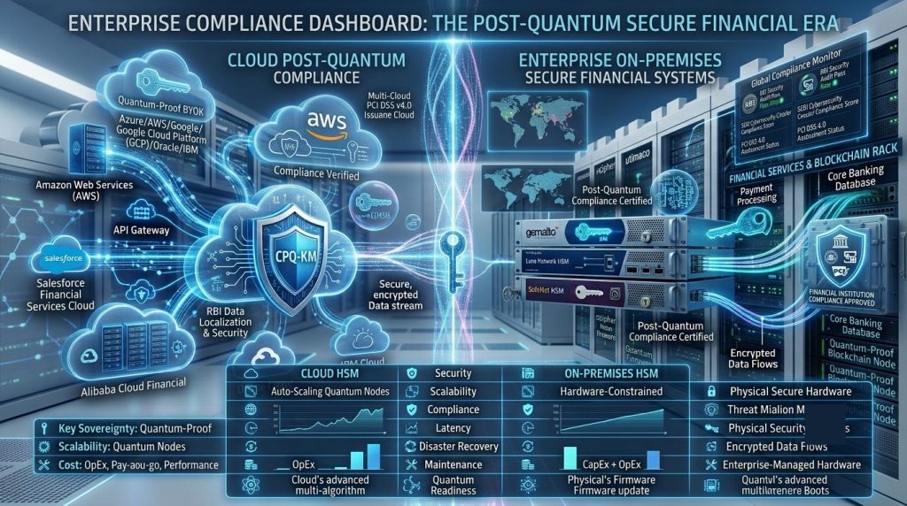 Enterprise cybersecurity compliance dashboard illustrating post-quantum cryptography readiness, regulatory requirements, and secure financial infrastructure.
