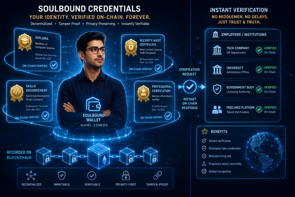 Professional with holographic soulbound credential tokens (diploma, security audit, endorsements) floating around them, being instantly verified by employers without intermediaries.