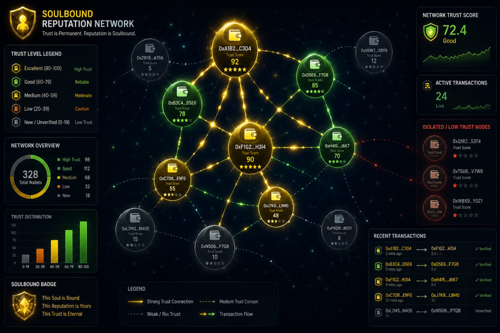 Dynamic network graph with multiple wallet nodes connected by trust threads, showing high-reputation nodes glowing gold and low-reputation nodes dimmer, illustrating trust scoring.