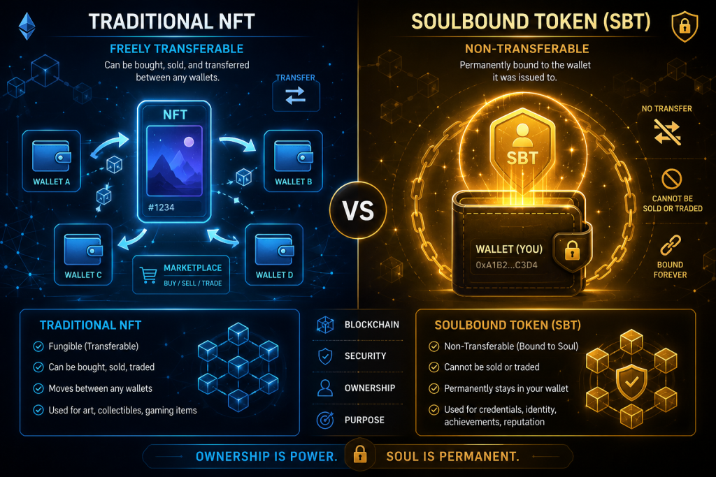 Split-screen comparison showing traditional NFT with transfer arrows on the left versus soulbound token permanently anchored to a wallet on the right, illustrating the key differences.
