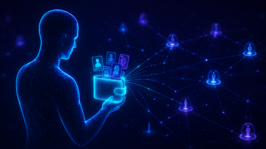 Conceptual illustration of self-sovereign identity and a decentralized identity wallet holding verifiable credentials