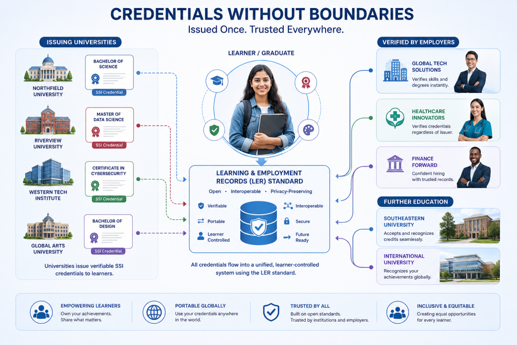 Educational ecosystem illustration showing multiple universities issuing SSI credentials that flow through a Learning and Employment Records (LER) standard hub, with student/graduate at center with credential paths flowing to various employers and universities in an academic color palette, demonstrating credential portability across institutions.