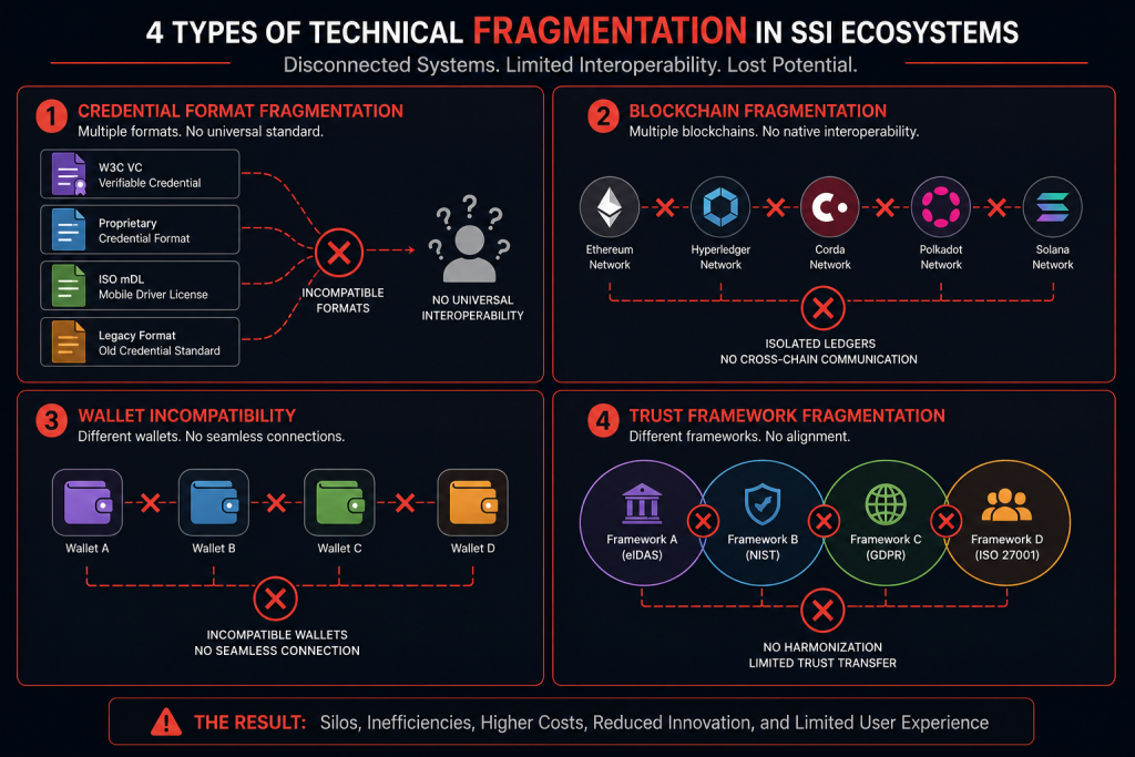 Infographic displaying four types of SSI technical fragmentation in a grid layout: credential format fragmentation with misaligned document icons, blockchain fragmentation with separate blockchain symbols, wallet incompatibility with disconnected wallet icons, and trust framework fragmentation with non-overlapping circular frameworks, each marked with red disconnection symbols.