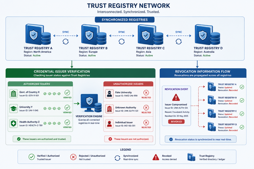 Administrative database-style illustration showing multiple interconnected trust registries represented as ledger books, with credential issuers verified against these registries marked with green checkmarks for authorized entities and red X marks for unauthorized ones, with revocation information flowing through the synchronized system.
