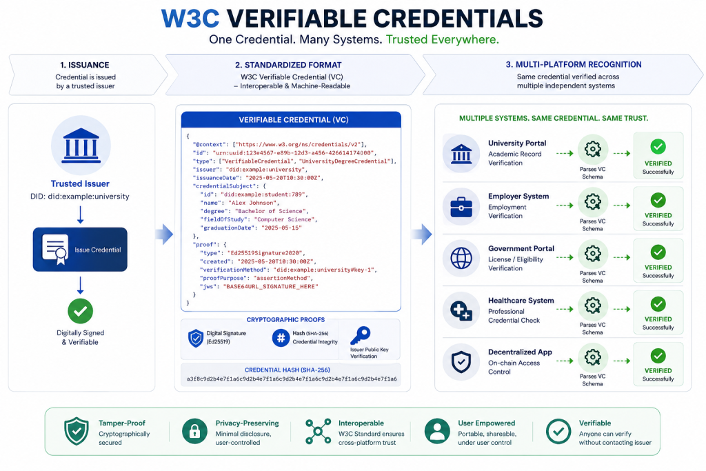 Process flow illustration showing a standardized W3C credential document with labeled sections on the left, flowing horizontally through the center as identical copies, and being successfully verified by multiple different system platforms on the right with green checkmarks indicating successful parsing and cryptographic verification.