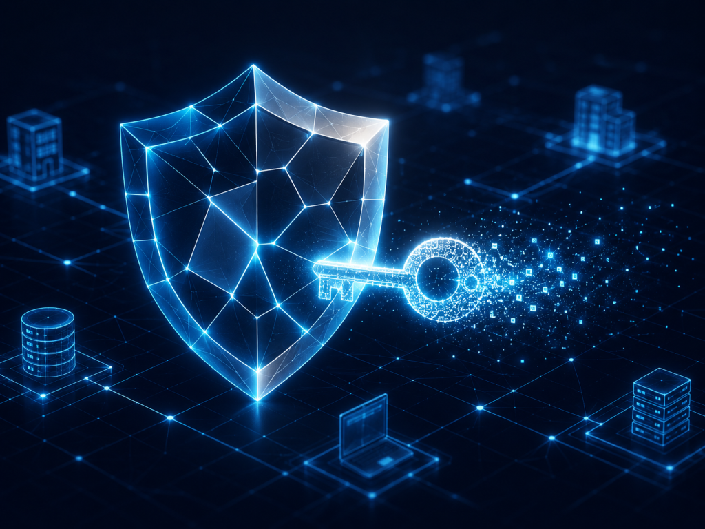 Digital shield illustration representing zero-trust identity and passwordless authentication for enterprises