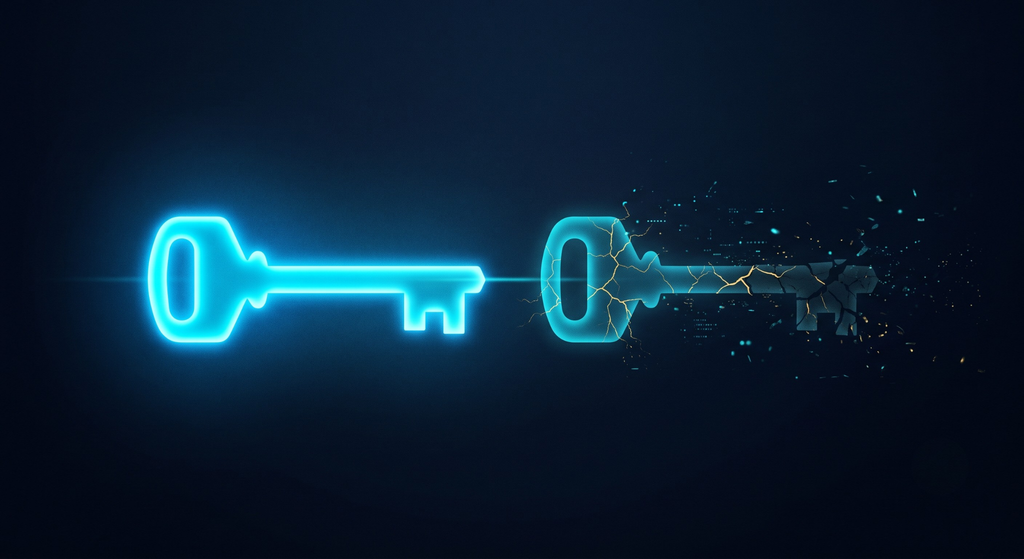 Visualization of encryption key strength weakening over time and increasing exposure risk