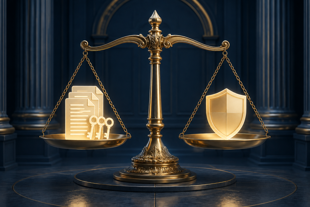 Scale symbolizing regulatory compliance requirements like RBI and PCI DSS for cryptographic key management