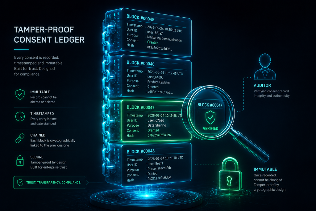 Blockchain-backed immutable audit trail for tamper-evident consent records under DPDP compliance