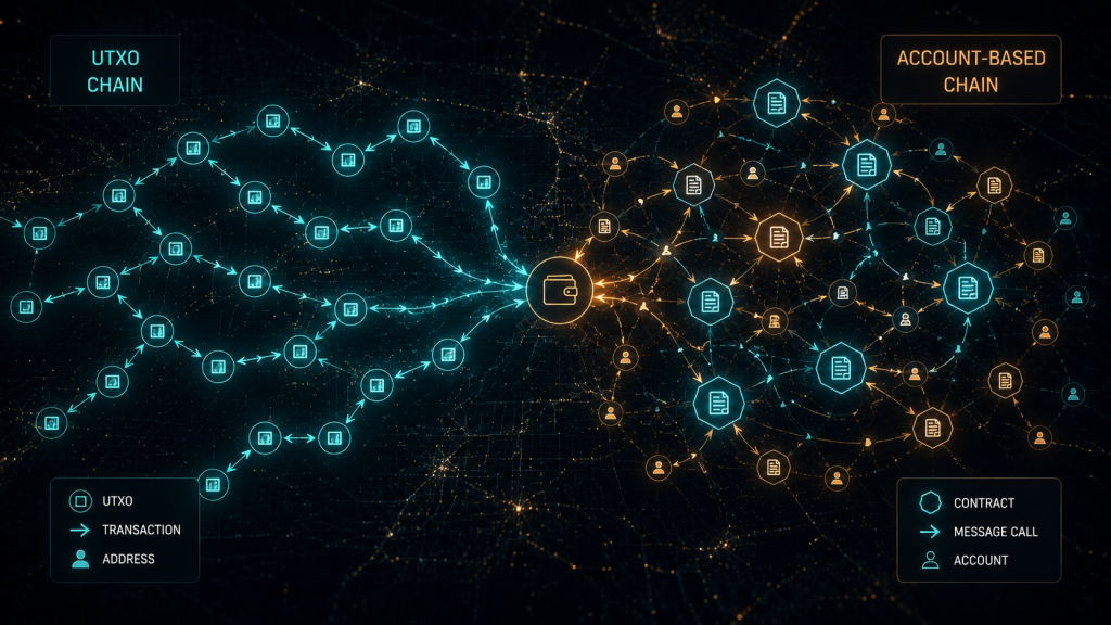 Transaction graph visualization comparing UTXO-based and account-based blockchain tracing