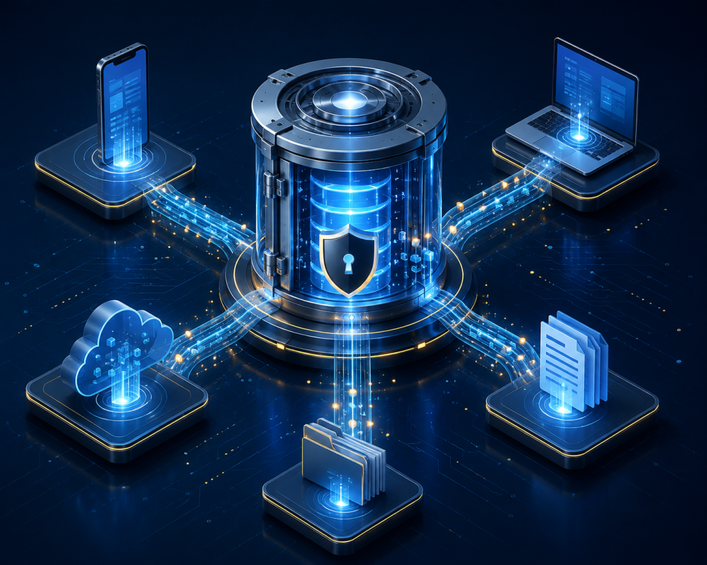 Digital vault representing a centralized consent registry receiving data streams from multiple banking channels