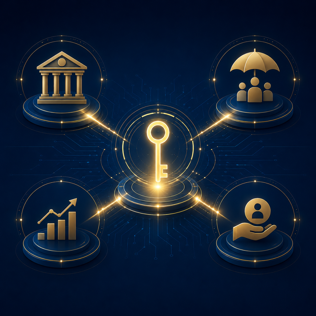 Central hub connecting bank, insurance, and investment icons representing the Consent Manager ecosystem under DPDP Rules