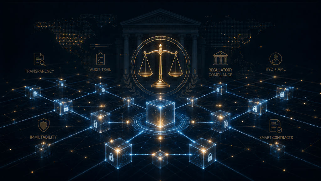 Blockchain network overlaid with regulatory and compliance symbolism for Travel Rule and FIU-IND requirements