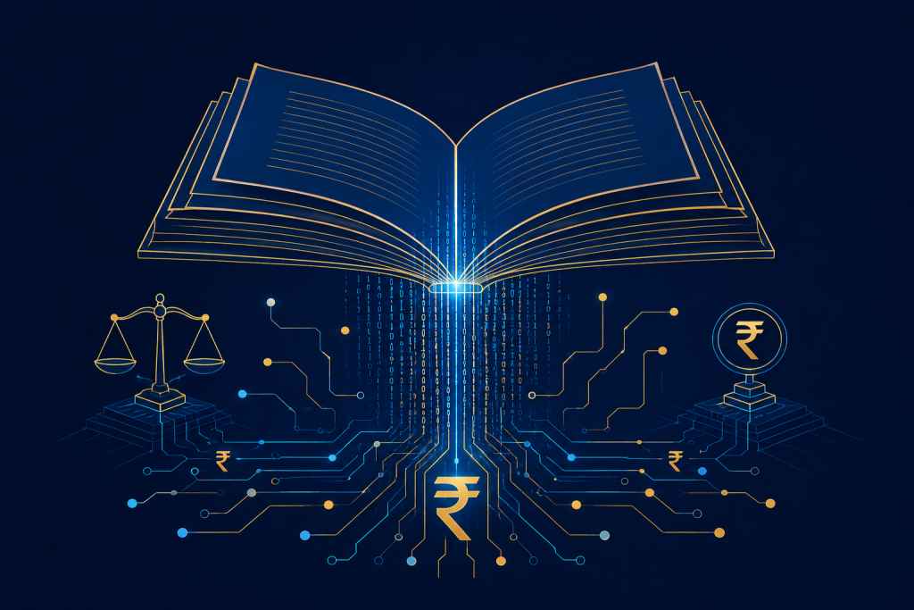 Illustration of a rulebook transforming into digital data streams symbolizing DPDP Rules 2025 compliance requirements for banks