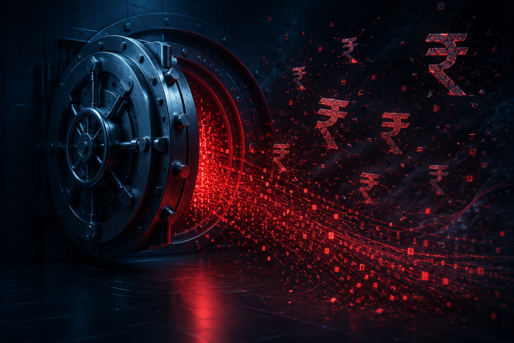 Bank vault door leaking data particles symbolizing financial penalty risk under DPDP Rules for unauthorized data processing