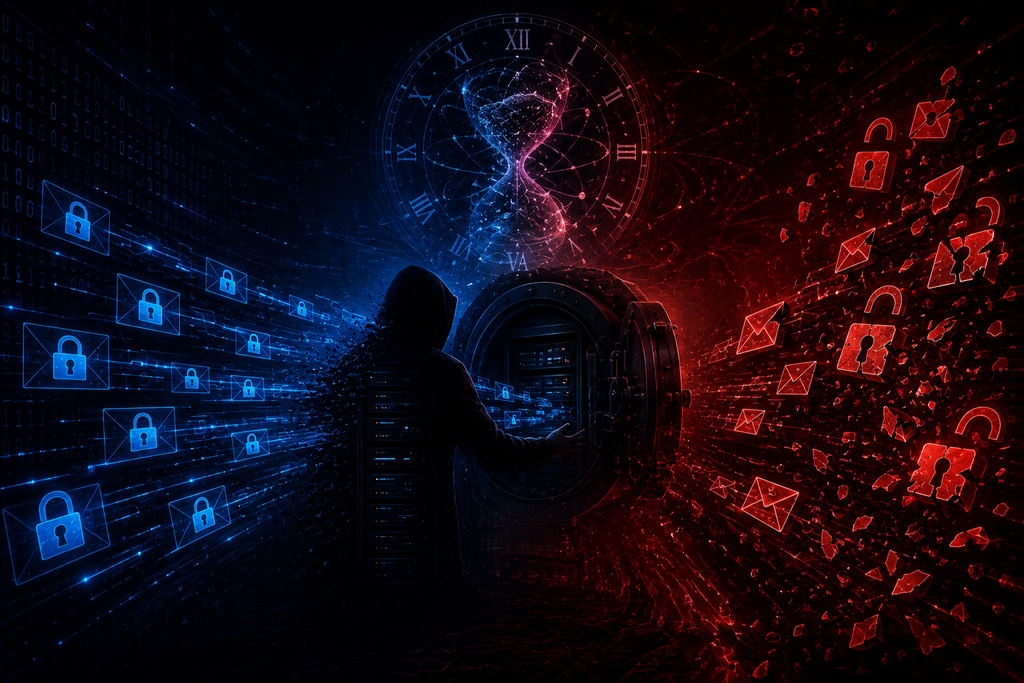 Illustration of harvest now decrypt later attack where encrypted data is stored today for future quantum decryption