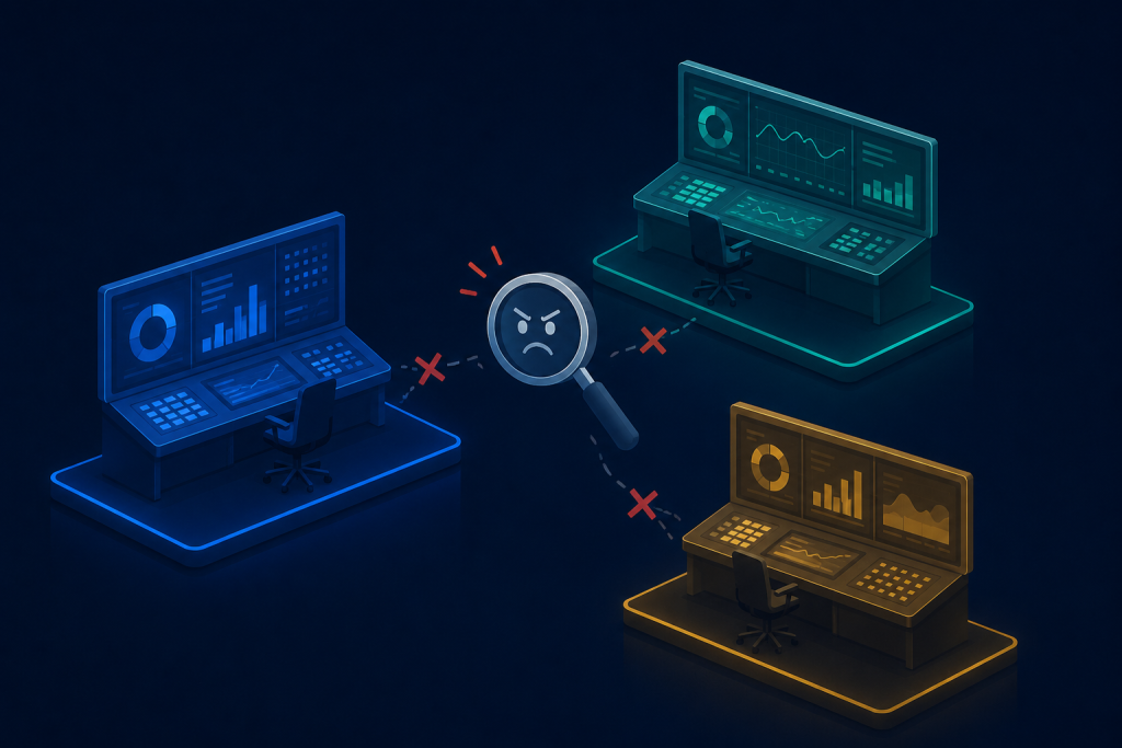 Separate cloud KMS consoles operating in isolation, showing the visibility gap across AWS KMS, Azure Key Vault, and Google Cloud KMS