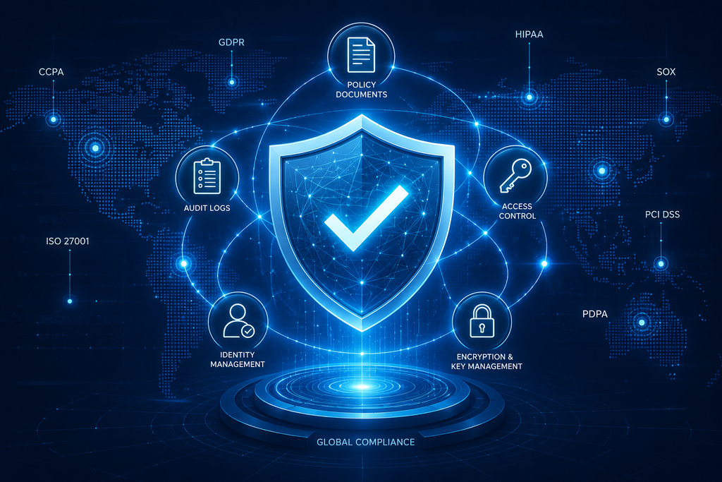 Post-quantum cryptography governance framework showing audit logging, policy controls, and regulatory compliance