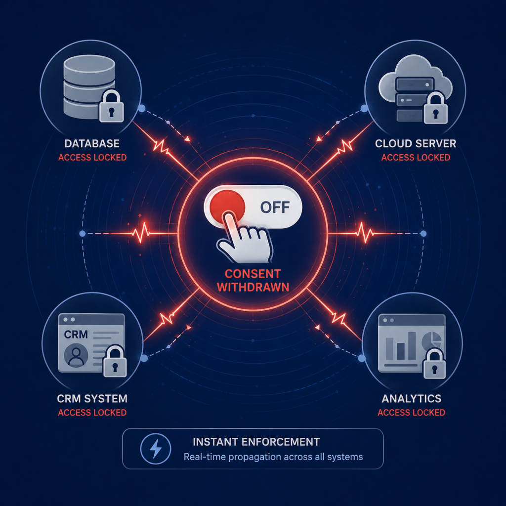Real-time consent withdrawal enforcement blocking data access across connected systems under DPDP