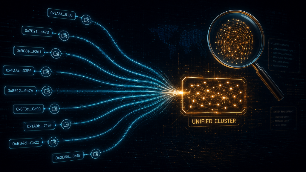 Wallet addresses linked into a single cluster using blockchain clustering heuristics