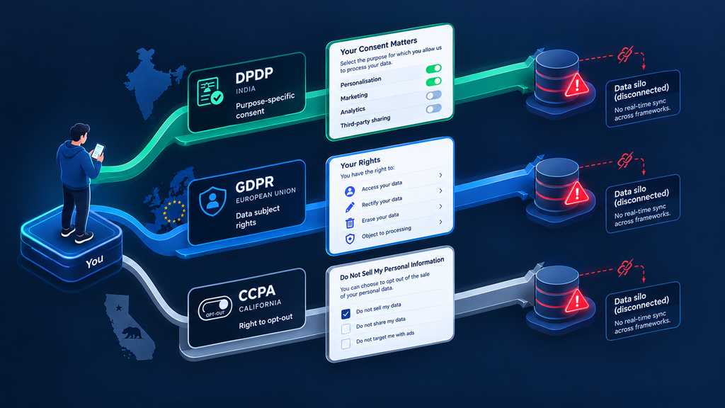 Separate consent architectures required for DPDP, GDPR, and CCPA create systems that do not communicate.
